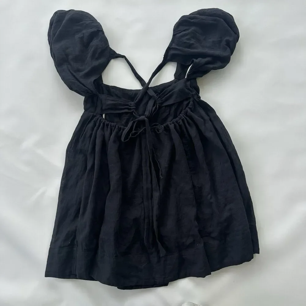 NWT Free People Marina Black Mini Dress Gauze Puff Sleeve Size Small